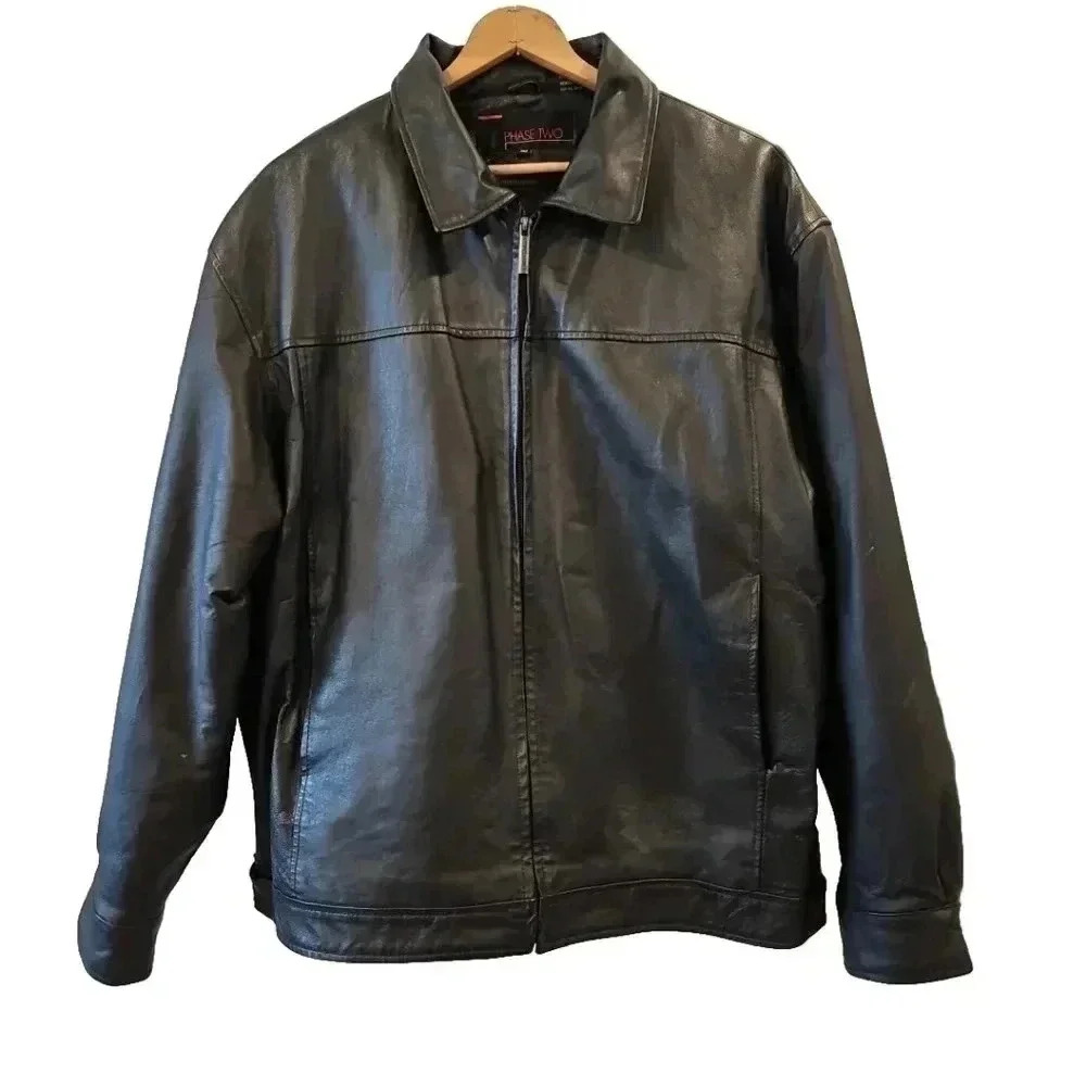 Vintage Leather Jacket 90s Y2K Minimalist Grunge Black Zip Up Coat Streetwear